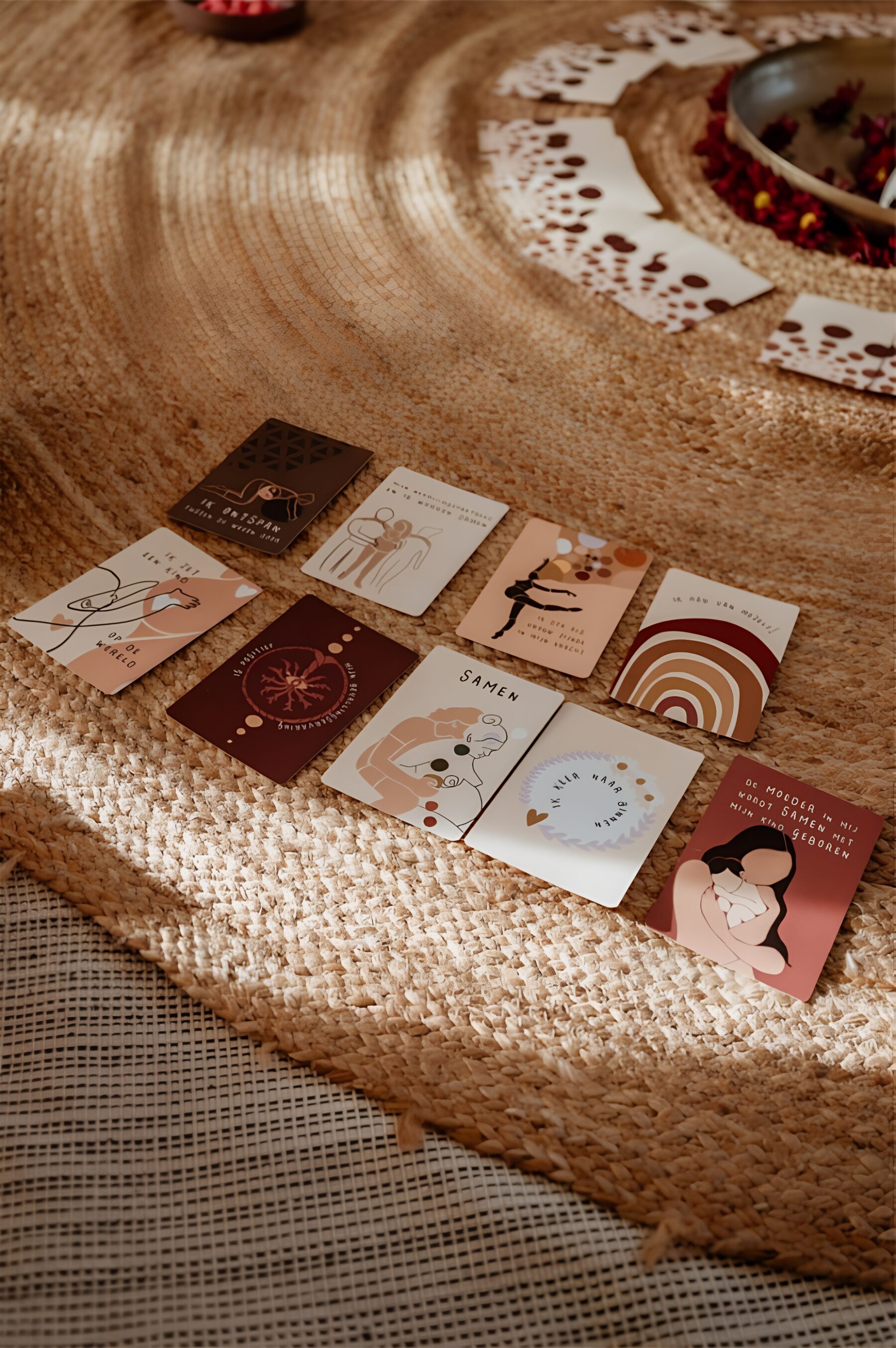 Cartes oracle sur tapis de jute — intention et introspection