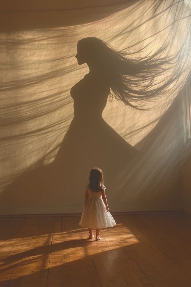 Petite fille face à l'ombre d'une femme — héritage et puissance